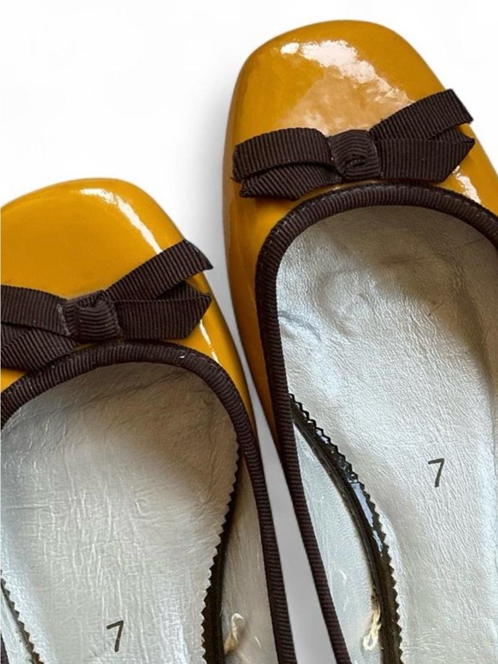 Glossy Patent Bow Ballet Flats | Mustard Yellow + Chocolate Brown Coquette Sz 7